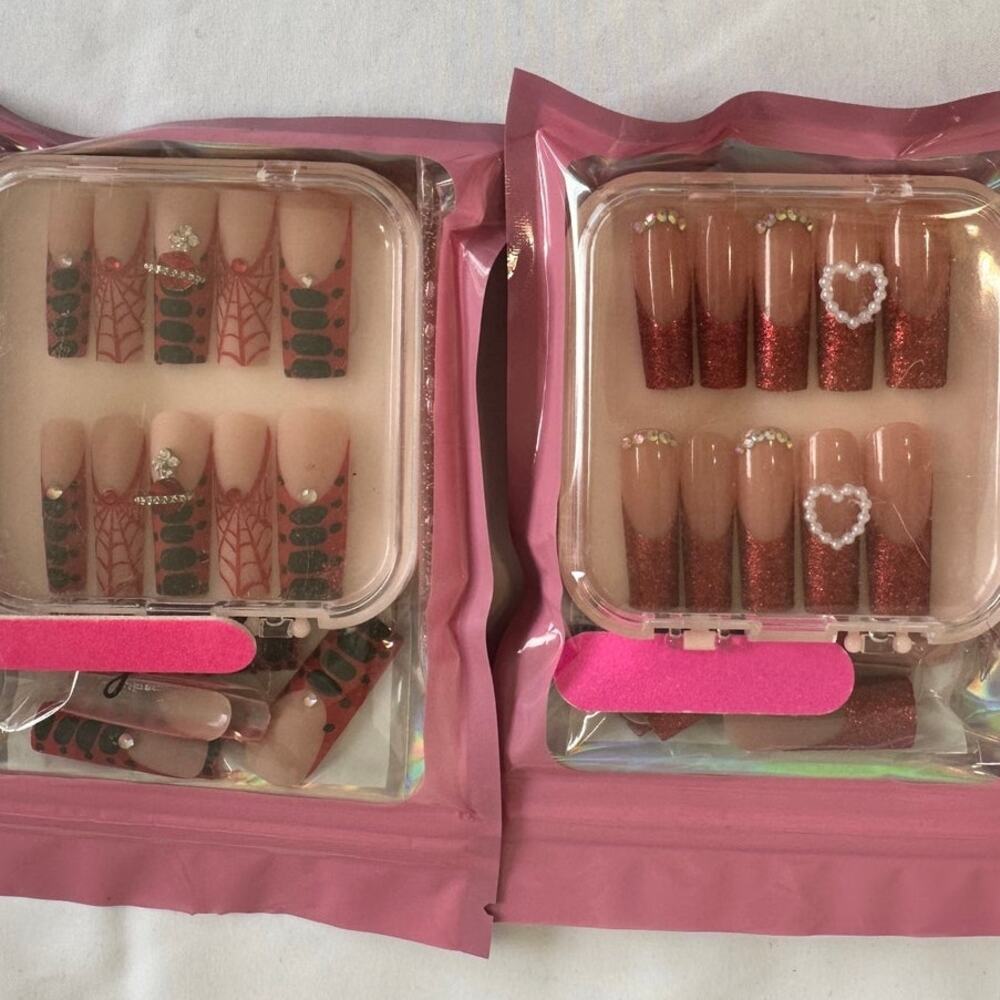 Red and Black Spiderweb Heart Press On Nails Square  Coquette French Tip Gothic